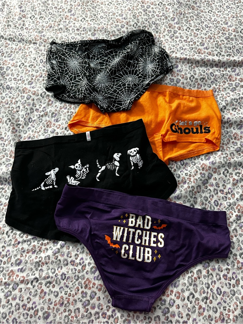 Halloween Graphic Bikini Briefs Set - Black, Orange, Purple, Black Spiderweb